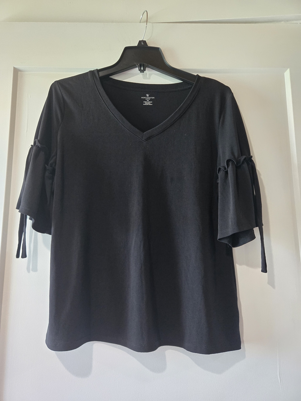 Worthington Black V-Neck Short Sleeve Top with Tie Sleeve Accents